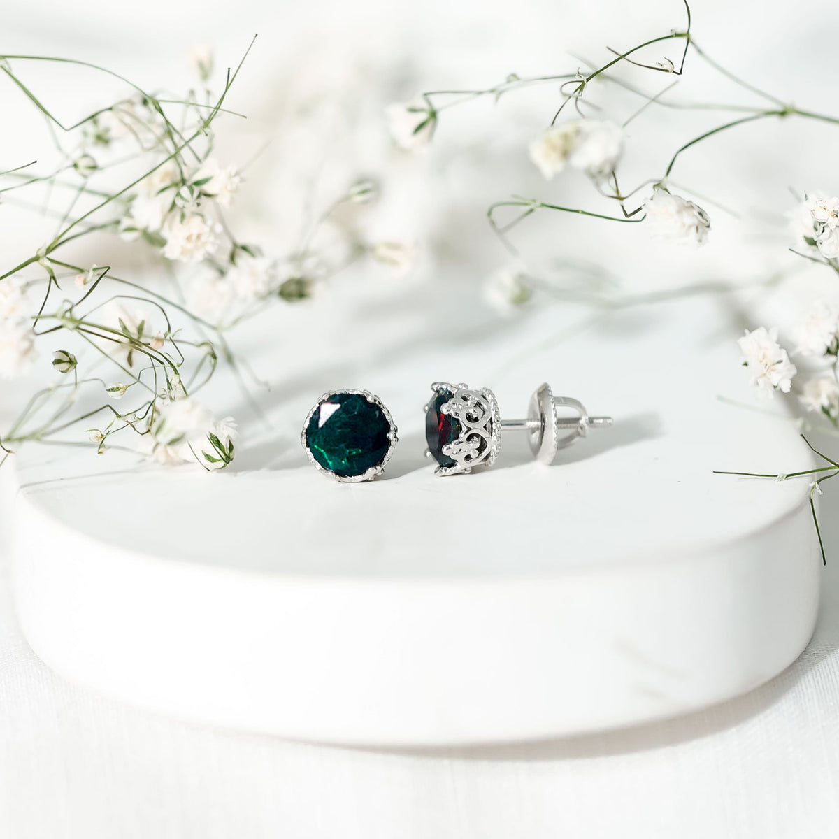 Natural Black Opal Crown Stud Earrings with Screw Back
