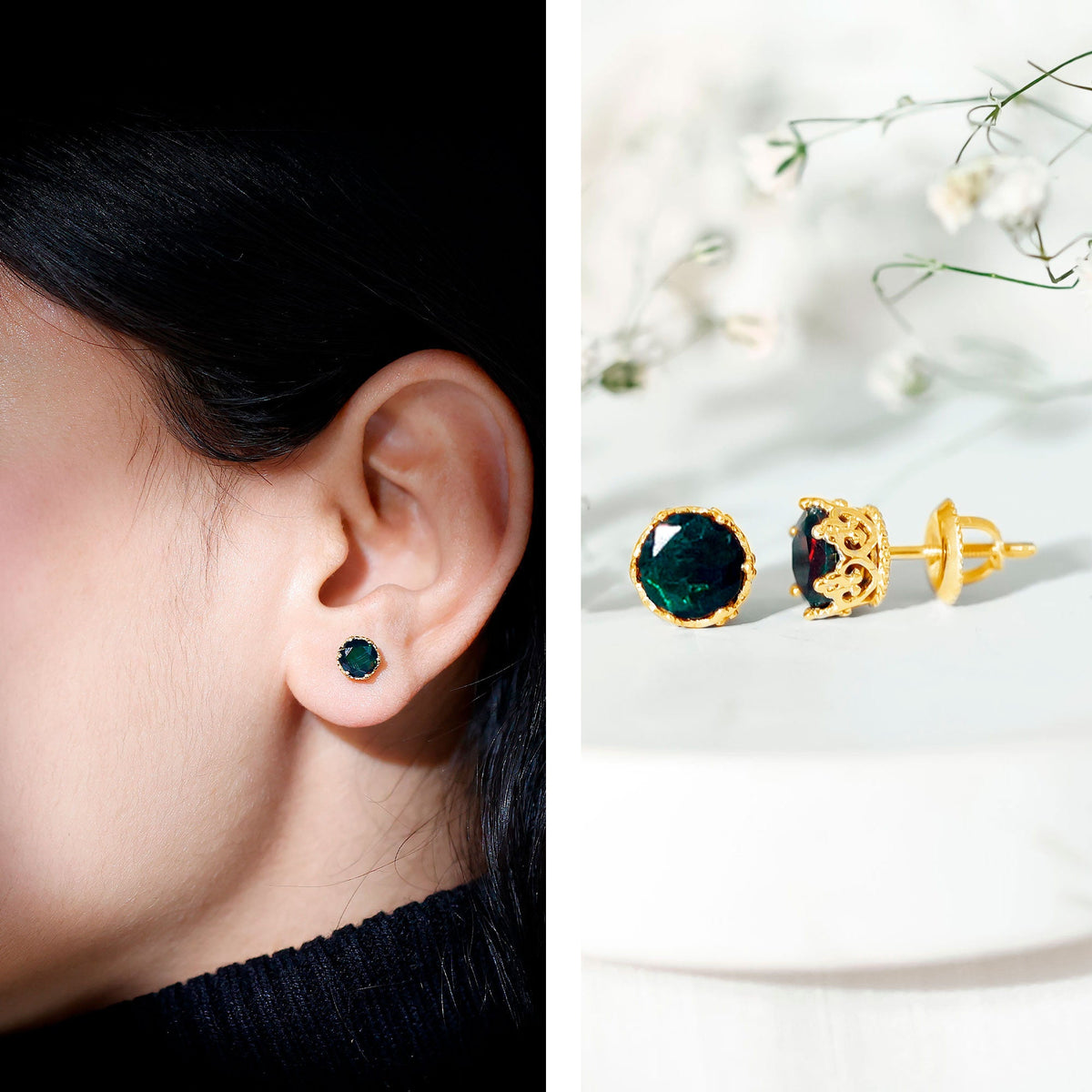 Natural Black Opal Crown Stud Earrings with Screw Back