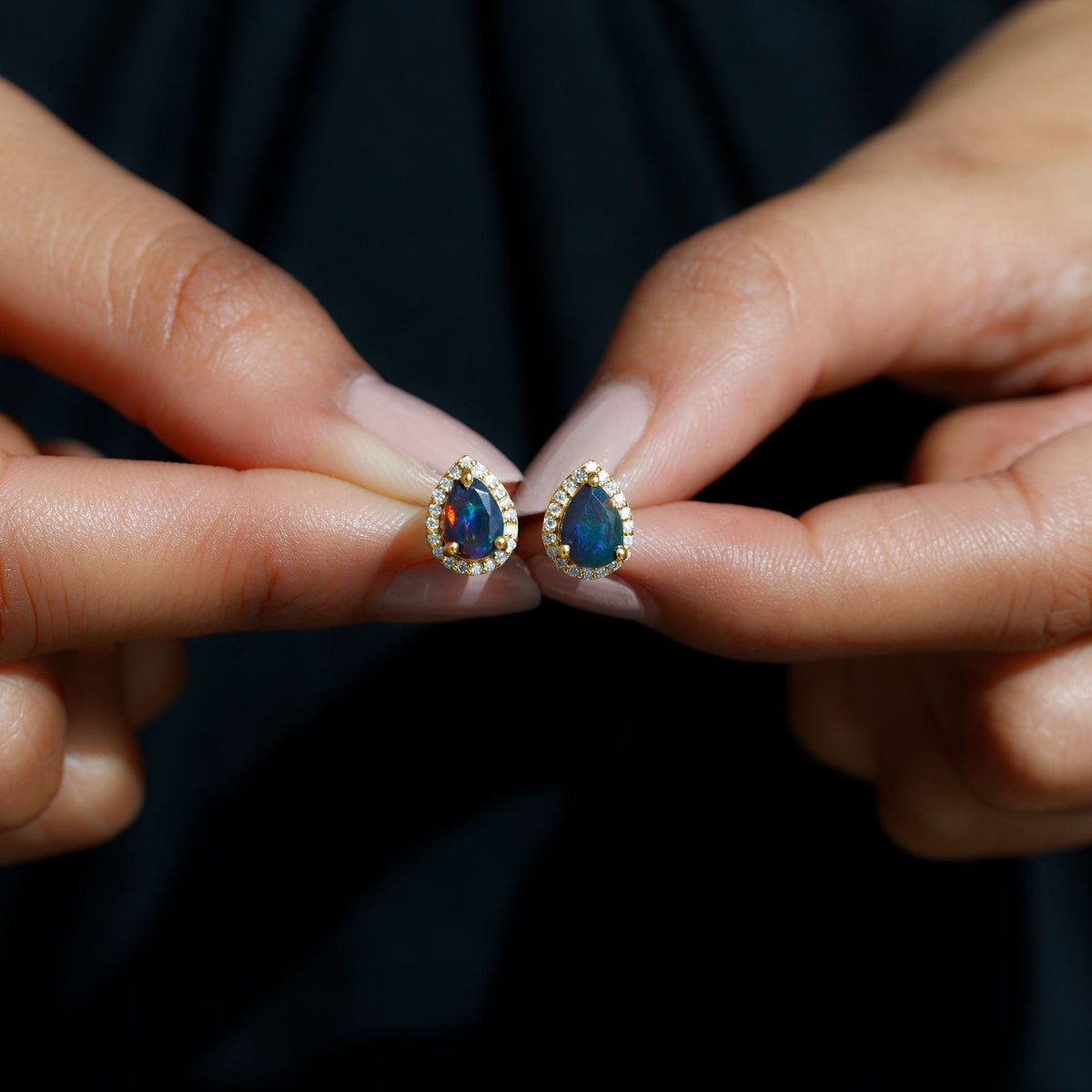 Classic Pear Cut Black Opal and Moissanite Halo Stud Earrings