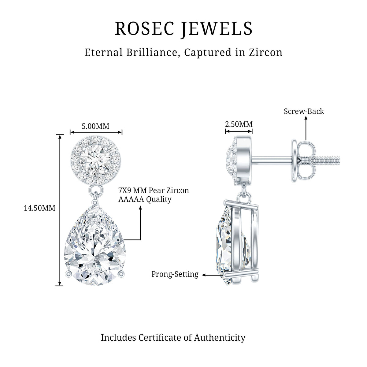 Certified 7X9 MM Zirconia Pear Drop Earrings for Wedding