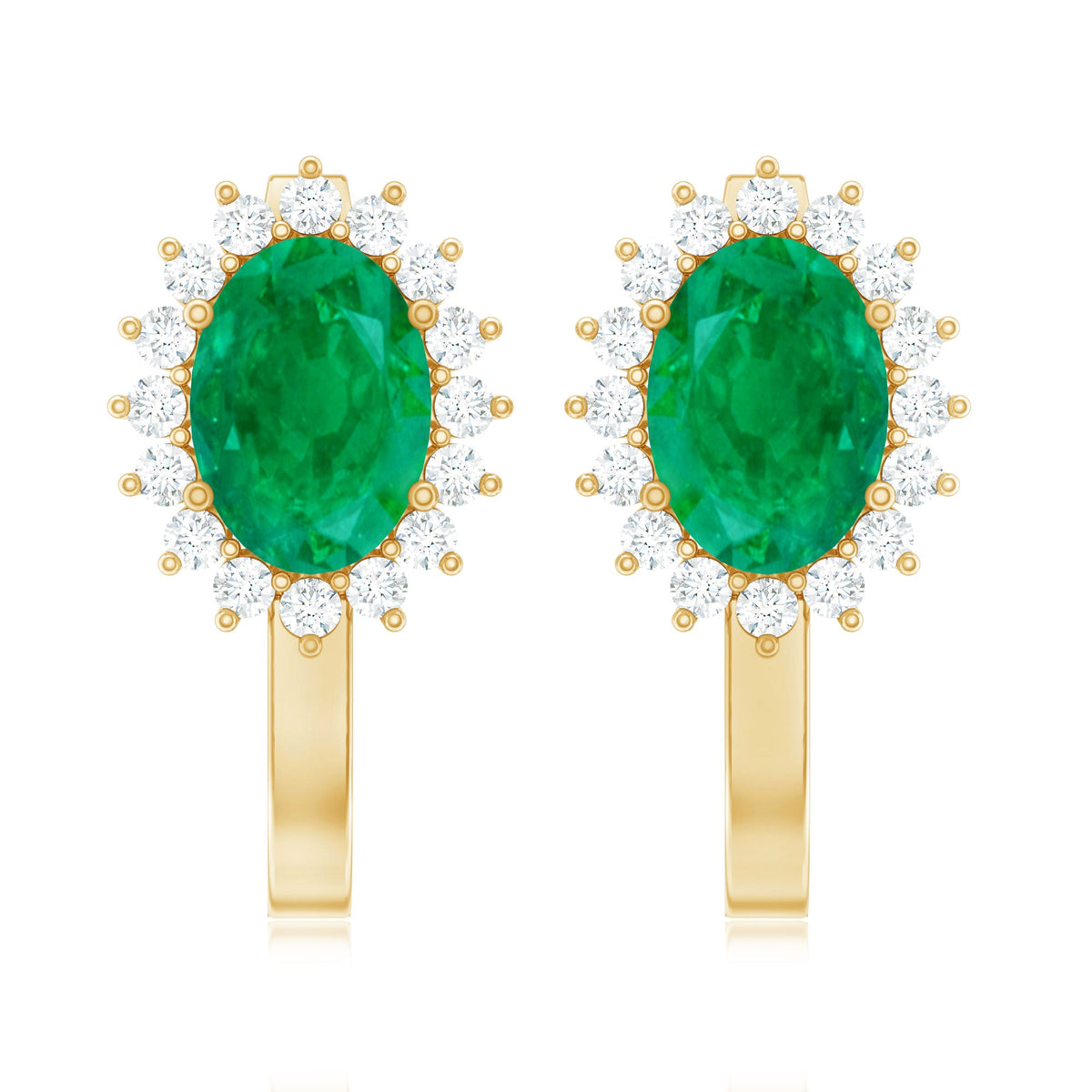 1.43 Carat Oval Cut Emerald and Diamond Halo Stud Earrings with Latch Back