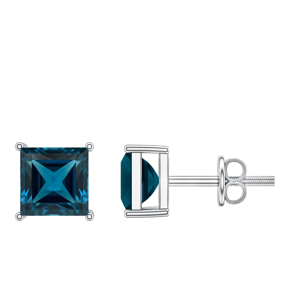 Princess Cut 2 Carat London Blue Topaz Solitaire Stud Earrings