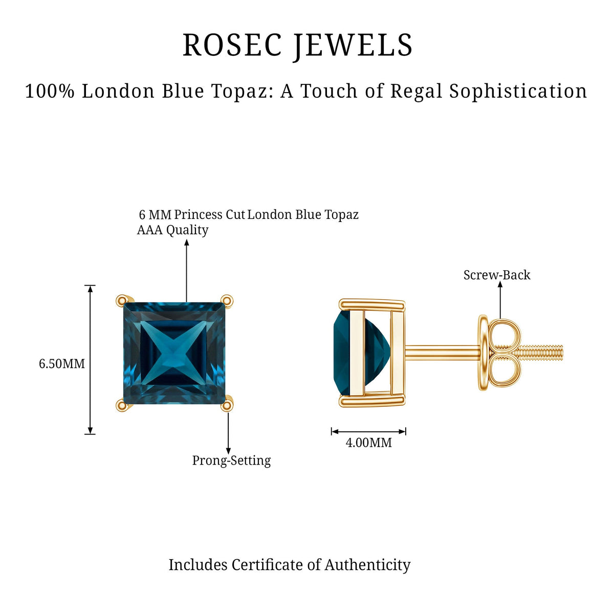 Princess Cut 2 Carat London Blue Topaz Solitaire Stud Earrings