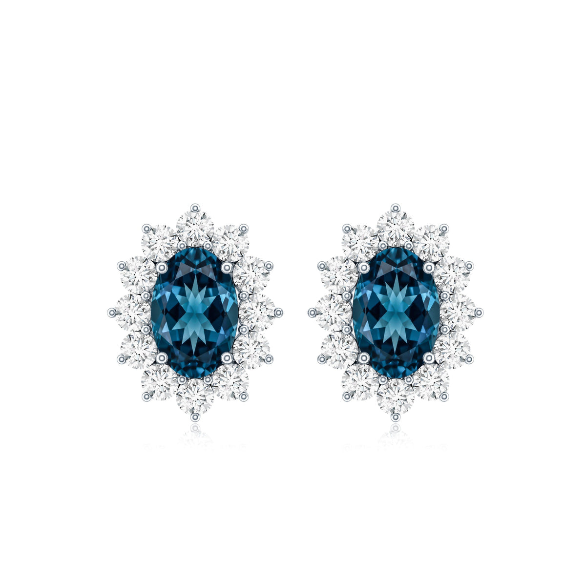 0.8 Carat Oval Cut London Blue Topaz and Diamond Halo Stud Earrings