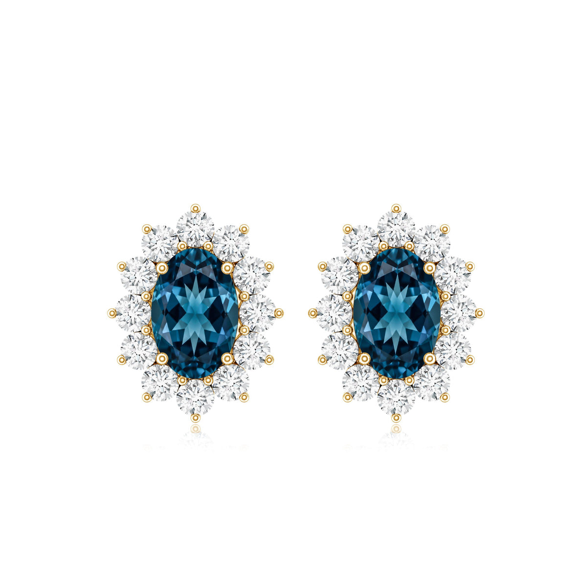 0.8 Carat Oval Cut London Blue Topaz and Diamond Halo Stud Earrings