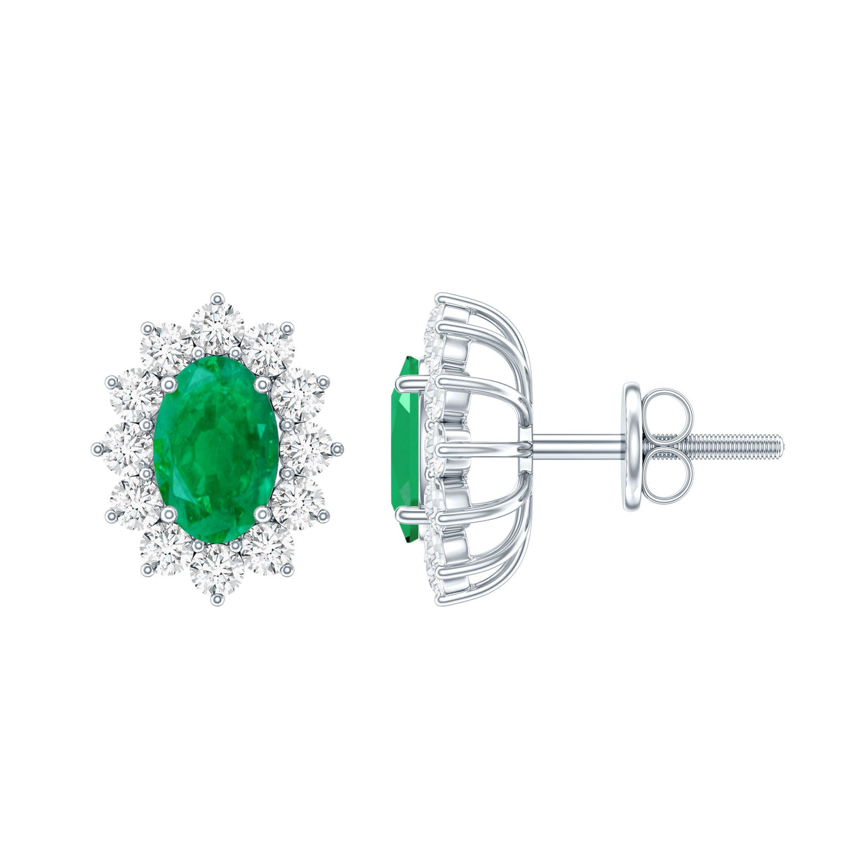 Natural 0.8 Carat Oval Cut Emerald and Diamond Earrings