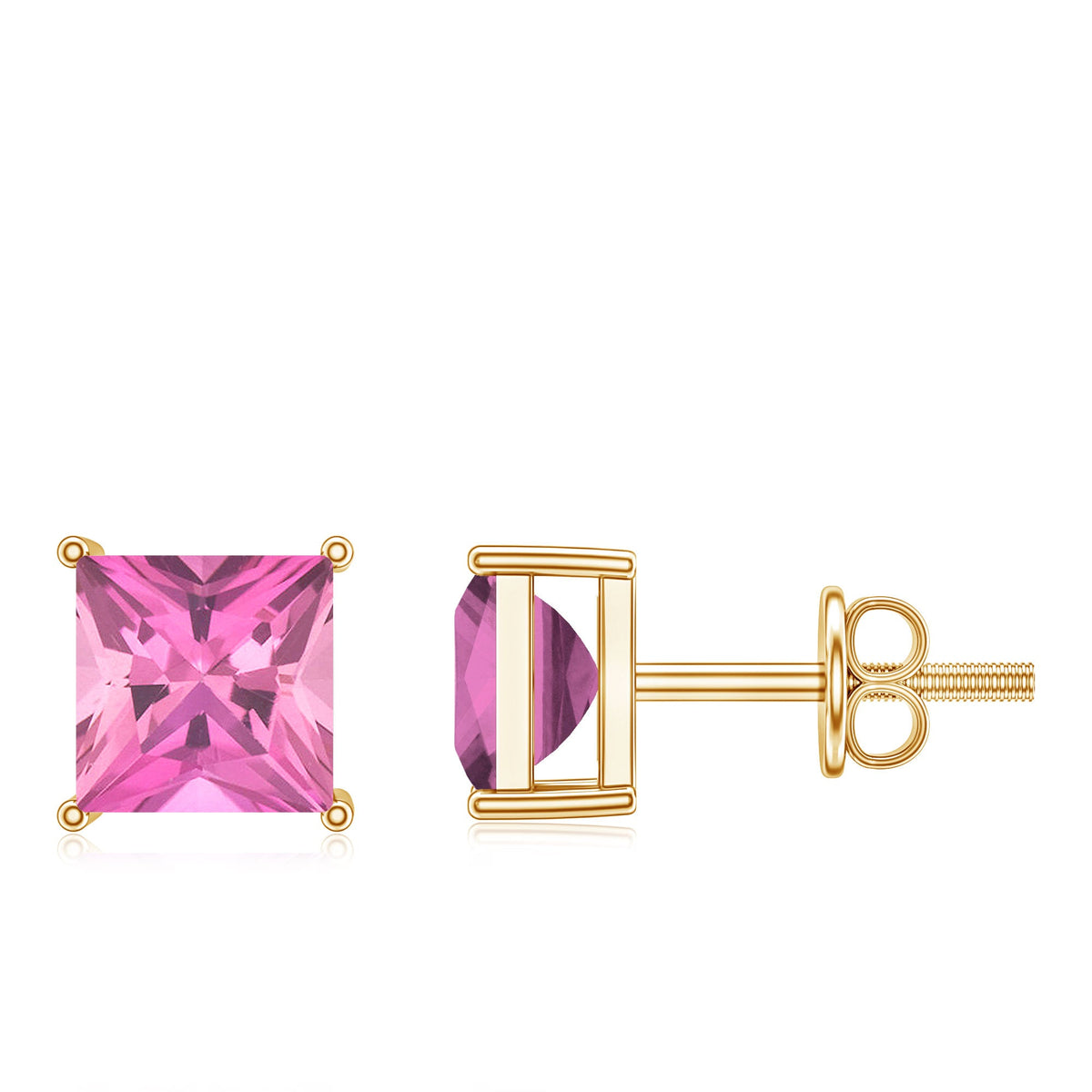 2 Carat Princess Cut Pink Tourmaline Stud Earrings with Screw Back