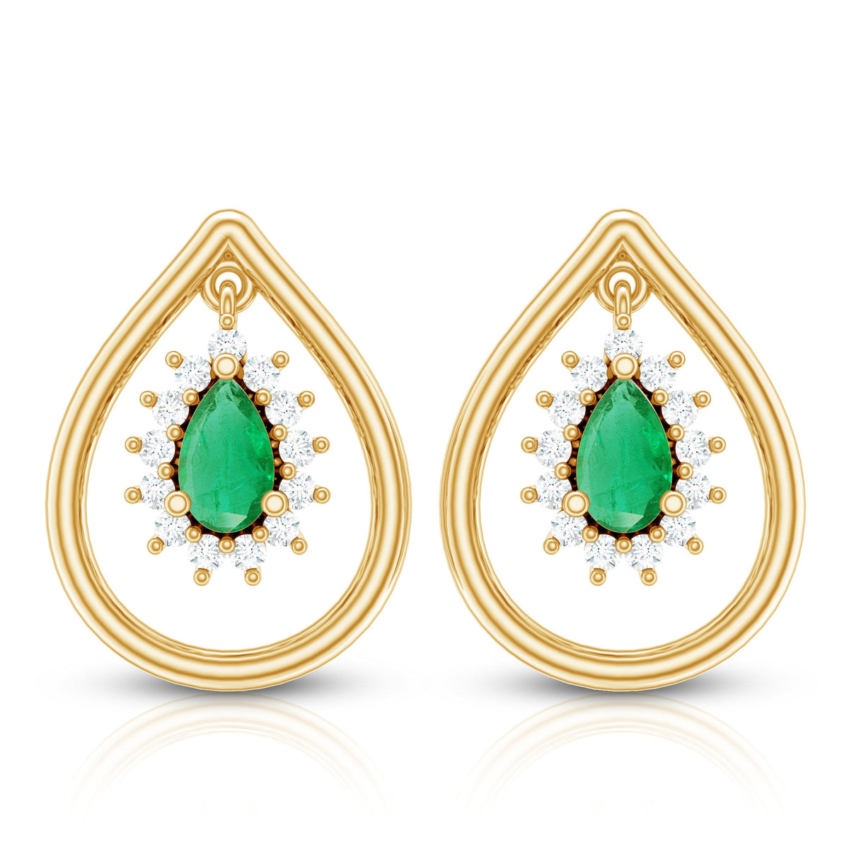 Real Emerald Teardrop Stud Earrings with Diamond Halo