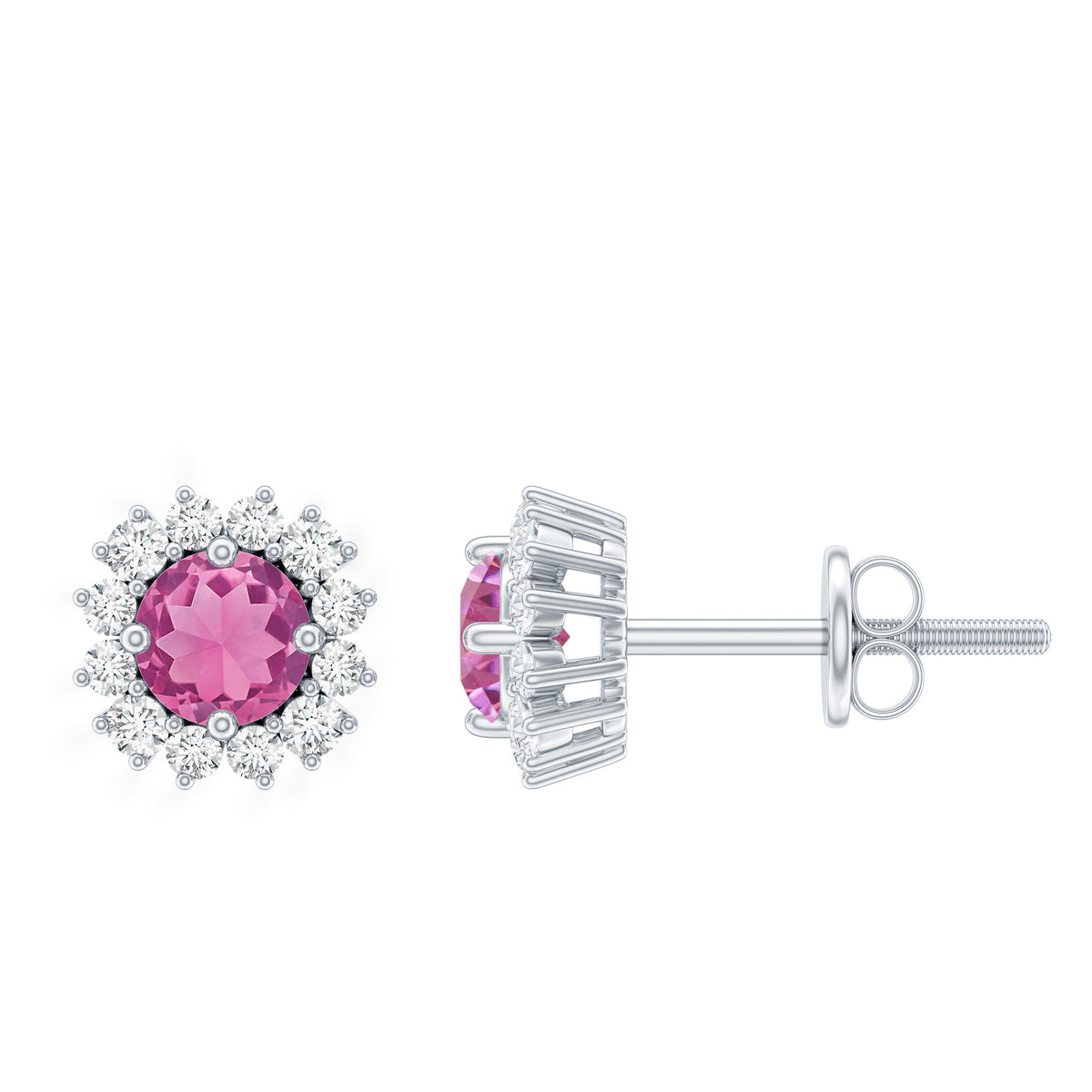 Natural Pink Tourmaline Stud Earrings with Diamond Halo