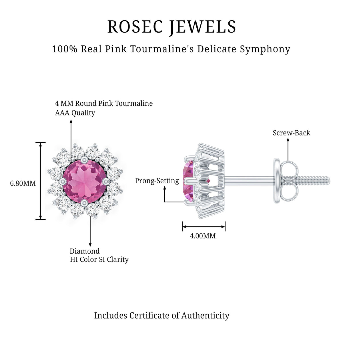 Natural Pink Tourmaline Stud Earrings with Diamond Halo