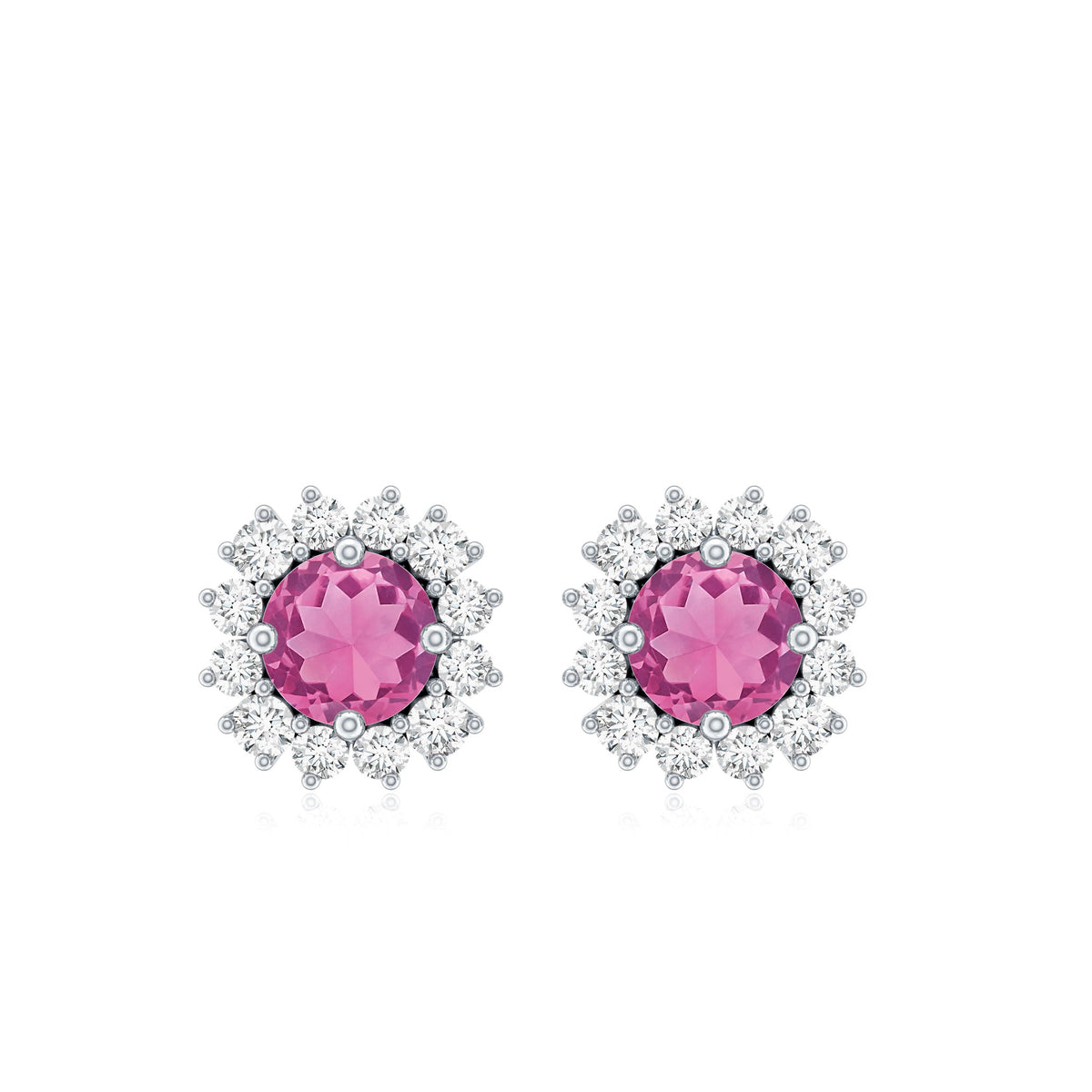 Natural Pink Tourmaline Stud Earrings with Diamond Halo