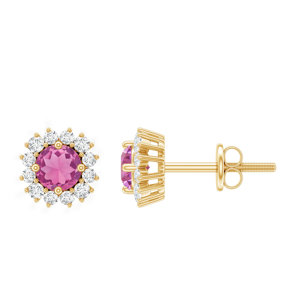 Natural Pink Tourmaline Stud Earrings with Diamond Halo