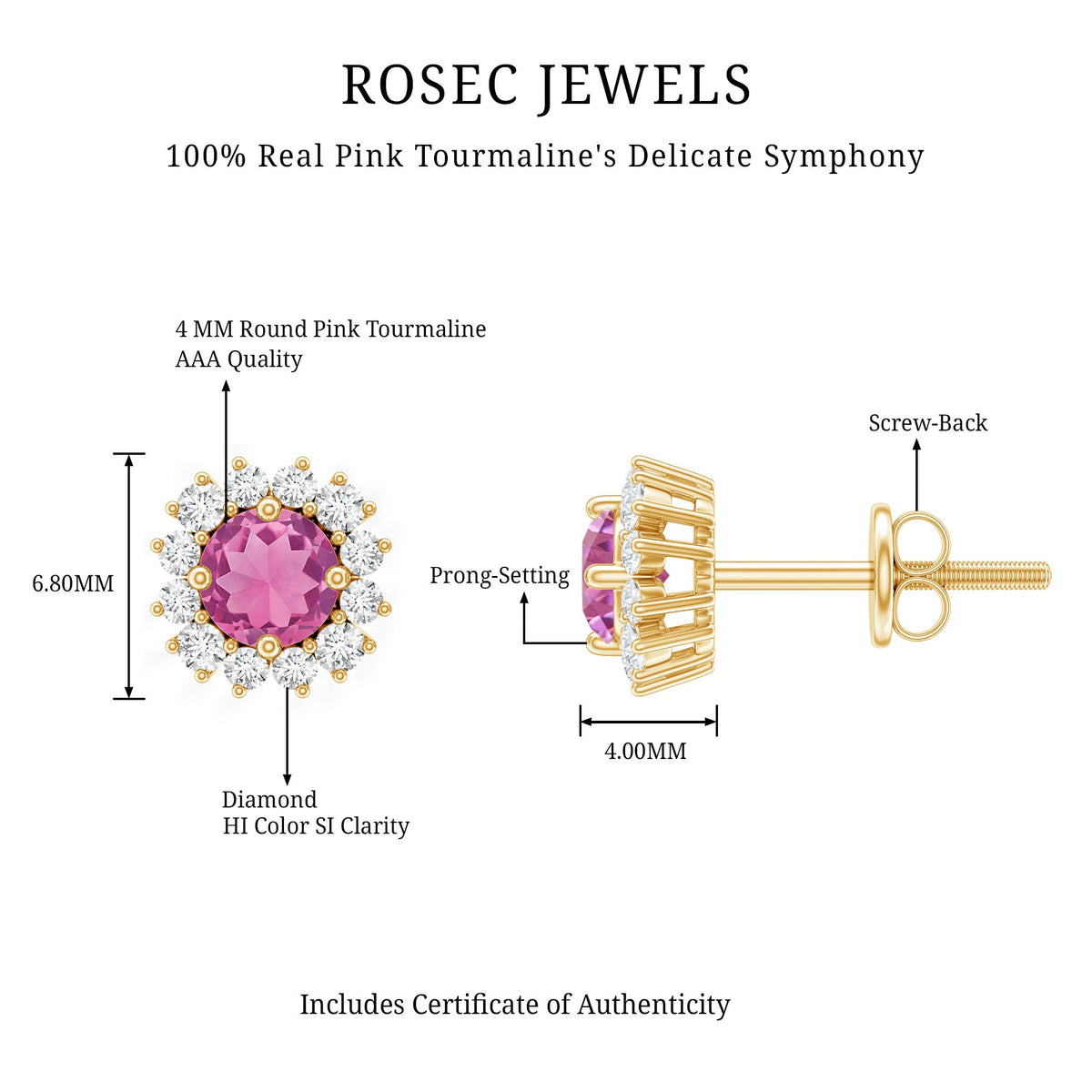 Natural Pink Tourmaline Stud Earrings with Diamond Halo