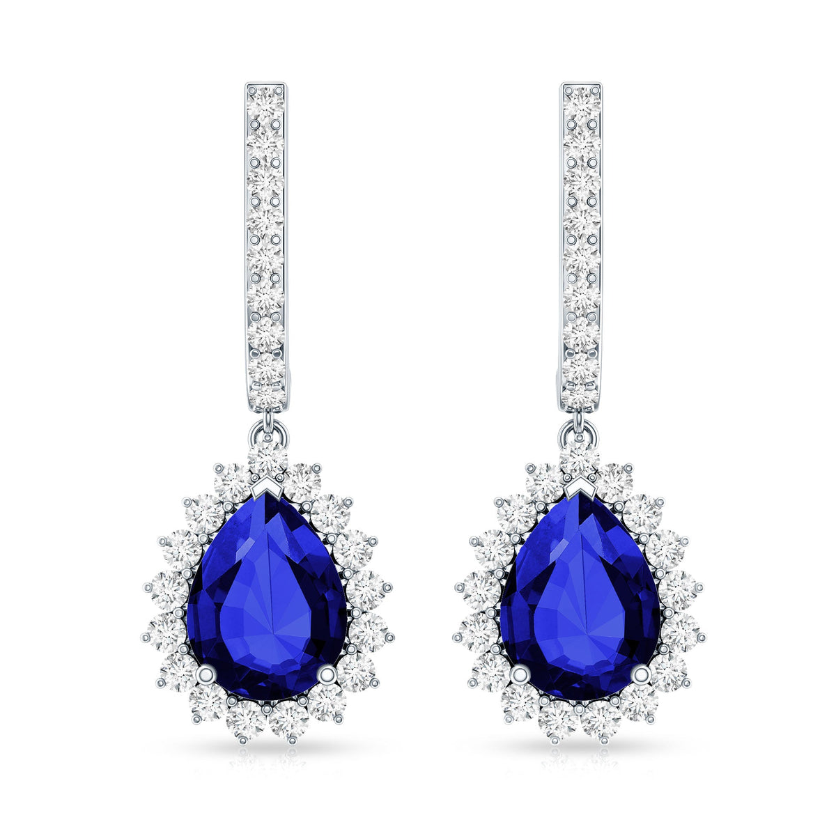 Pear Shaped Lab Grown Blue Sapphire and Diamond Hoop Drop Earrings