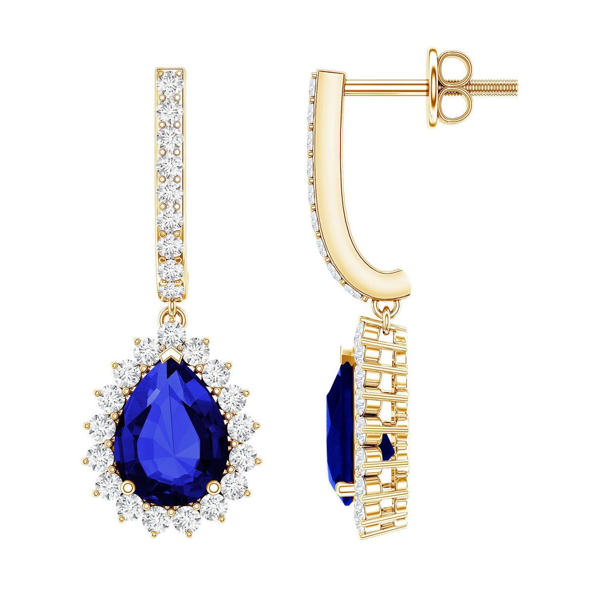 Pear Shaped Lab Grown Blue Sapphire and Diamond Hoop Drop Earrings