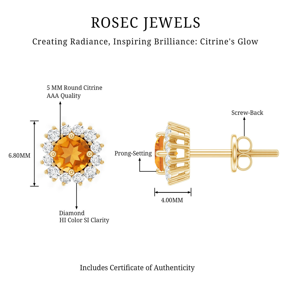 1 Carat Classic Yellow Citrine and Diamond Halo Stud Earrings