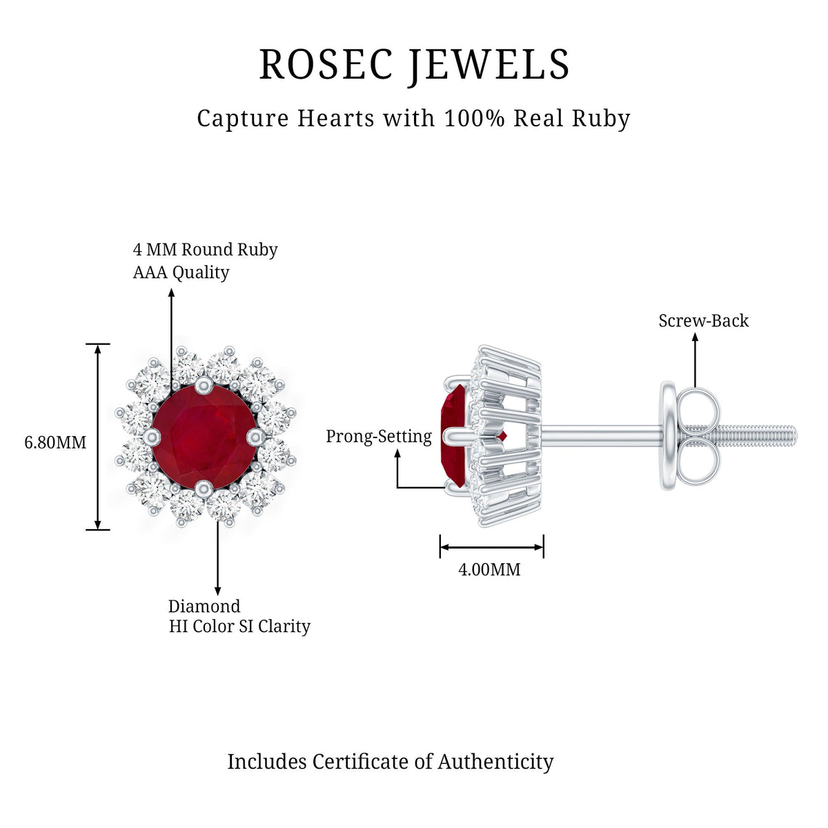 Genuine Ruby Stud Earrings with Diamond Halo