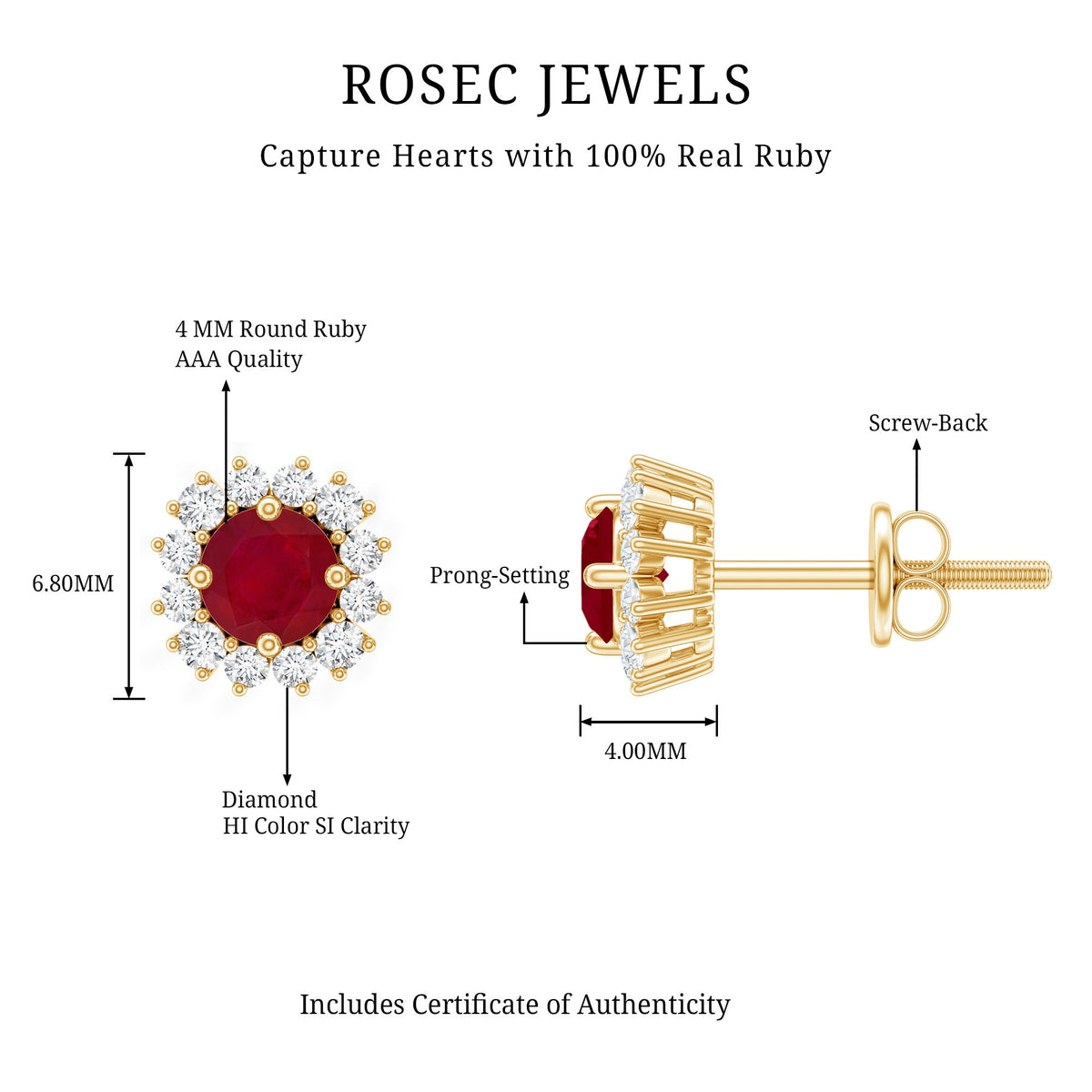 Genuine Ruby Stud Earrings with Diamond Halo
