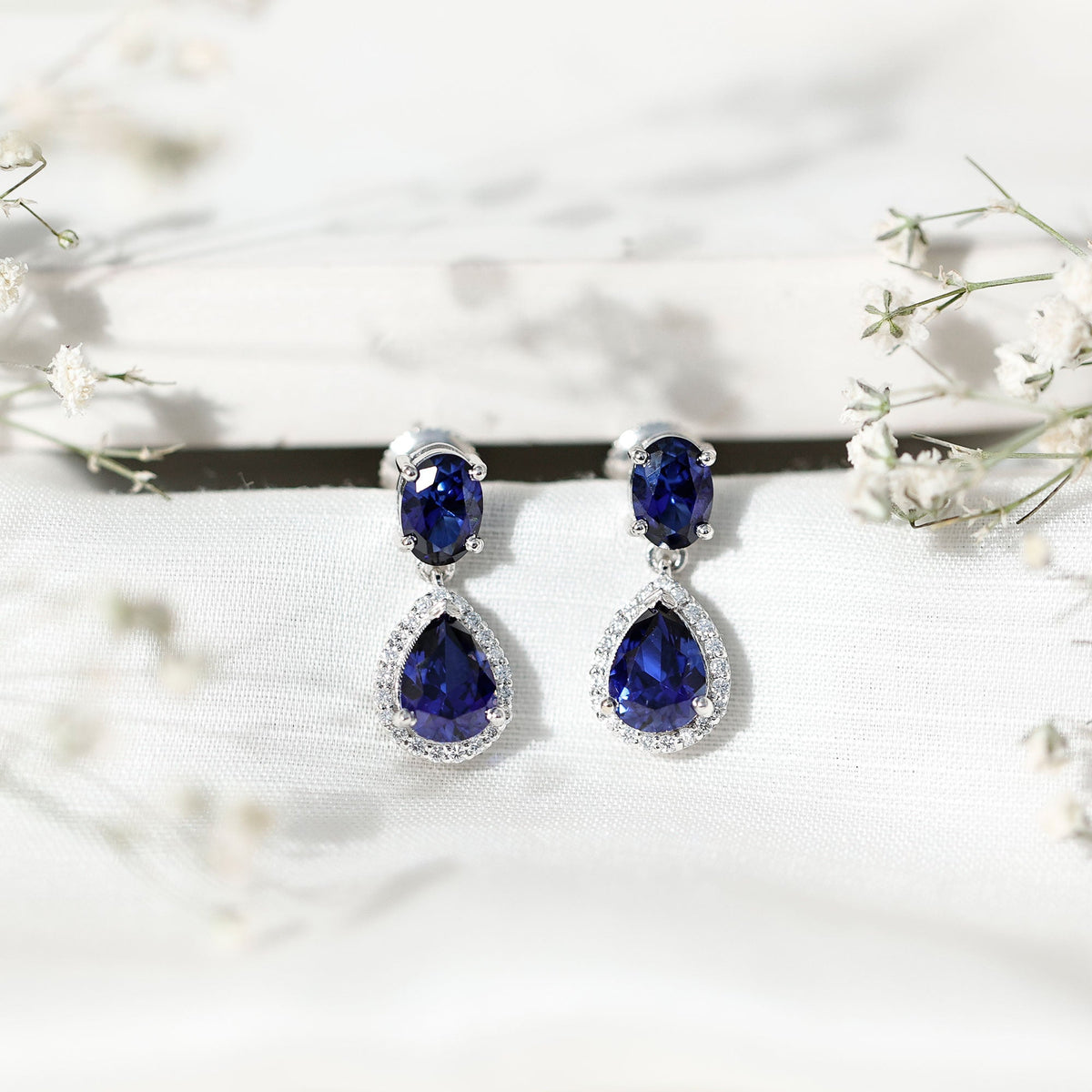 Lab Grown Blue Sapphire Bridal Dangle Earrings with Moissanite