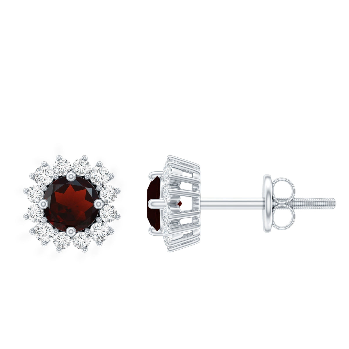 Genuine Garnet and Diamond Halo Stud Earrings