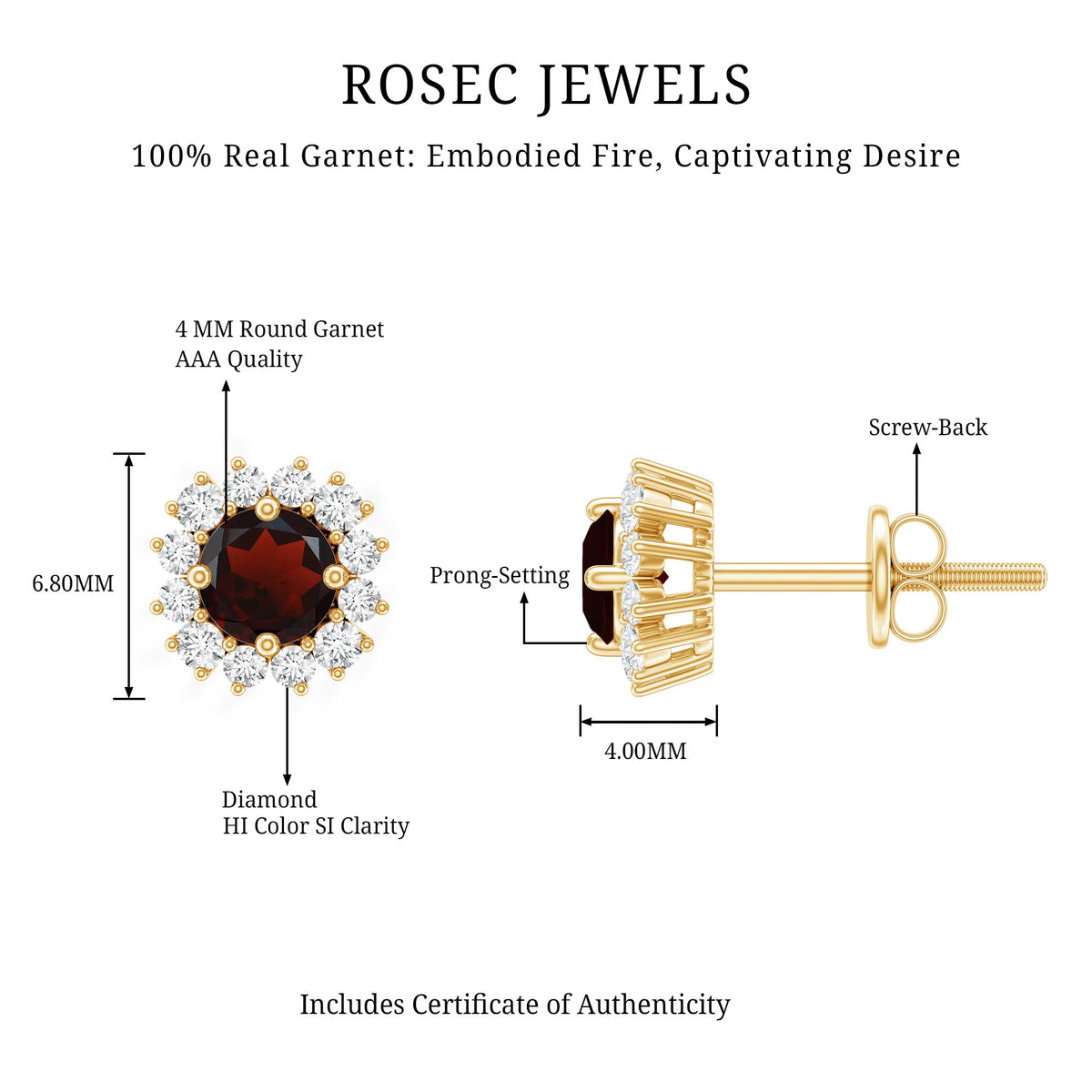 Genuine Garnet and Diamond Halo Stud Earrings