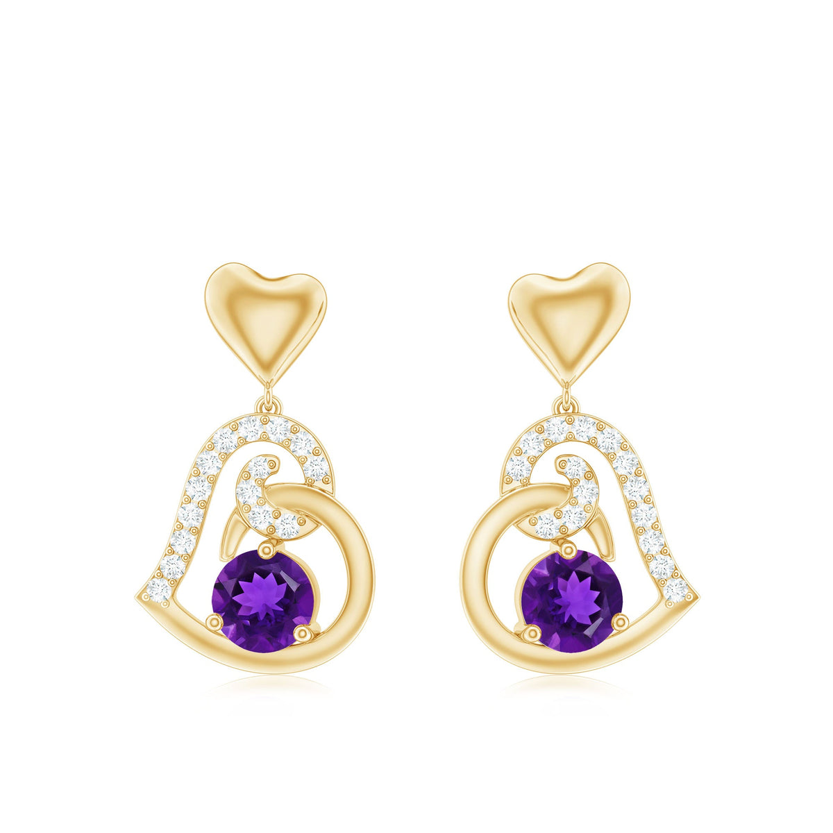 Natural Amethyst Diamond Heart Drop Earrings