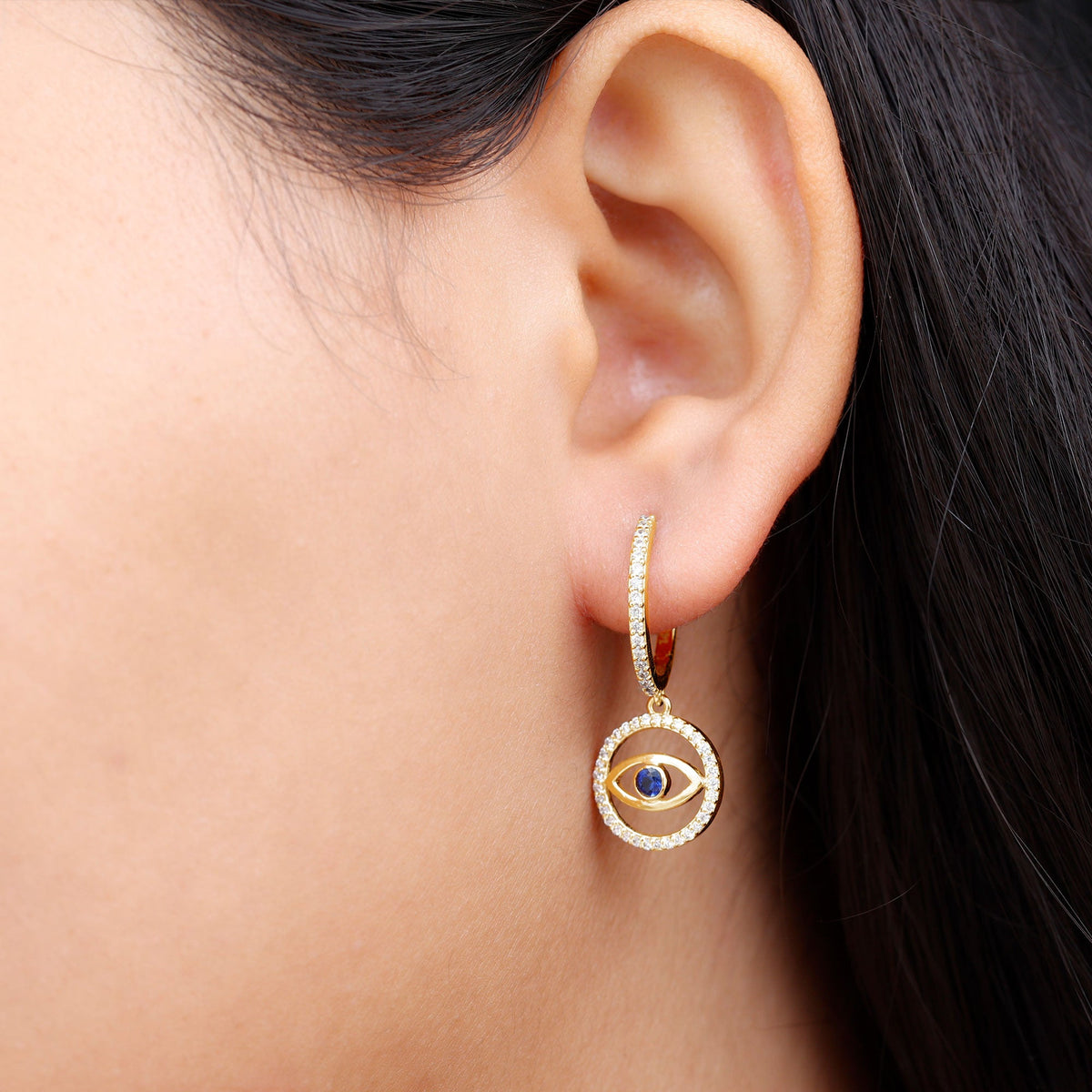 Real Blue Sapphire and Diamond Evil Eye Hoop Drop Earrings
