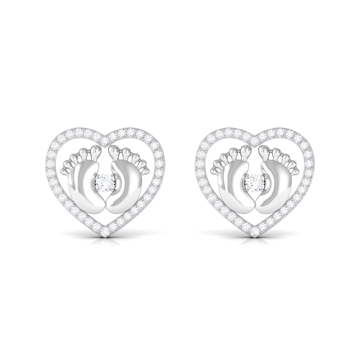 Diamond Heart Stud Earrings with Baby Feet