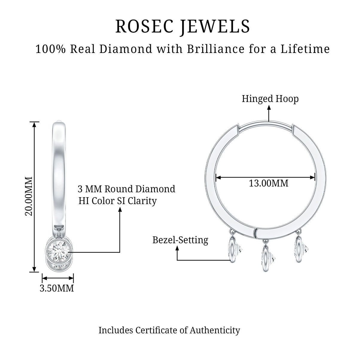 Natural 3 Stone Diamond Drop Hoop Earrings