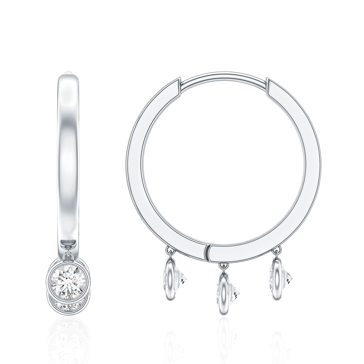 Natural 3 Stone Diamond Drop Hoop Earrings