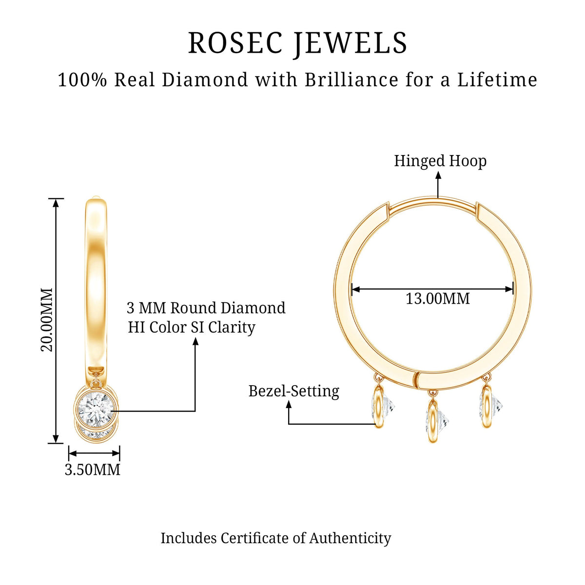 Natural 3 Stone Diamond Drop Hoop Earrings
