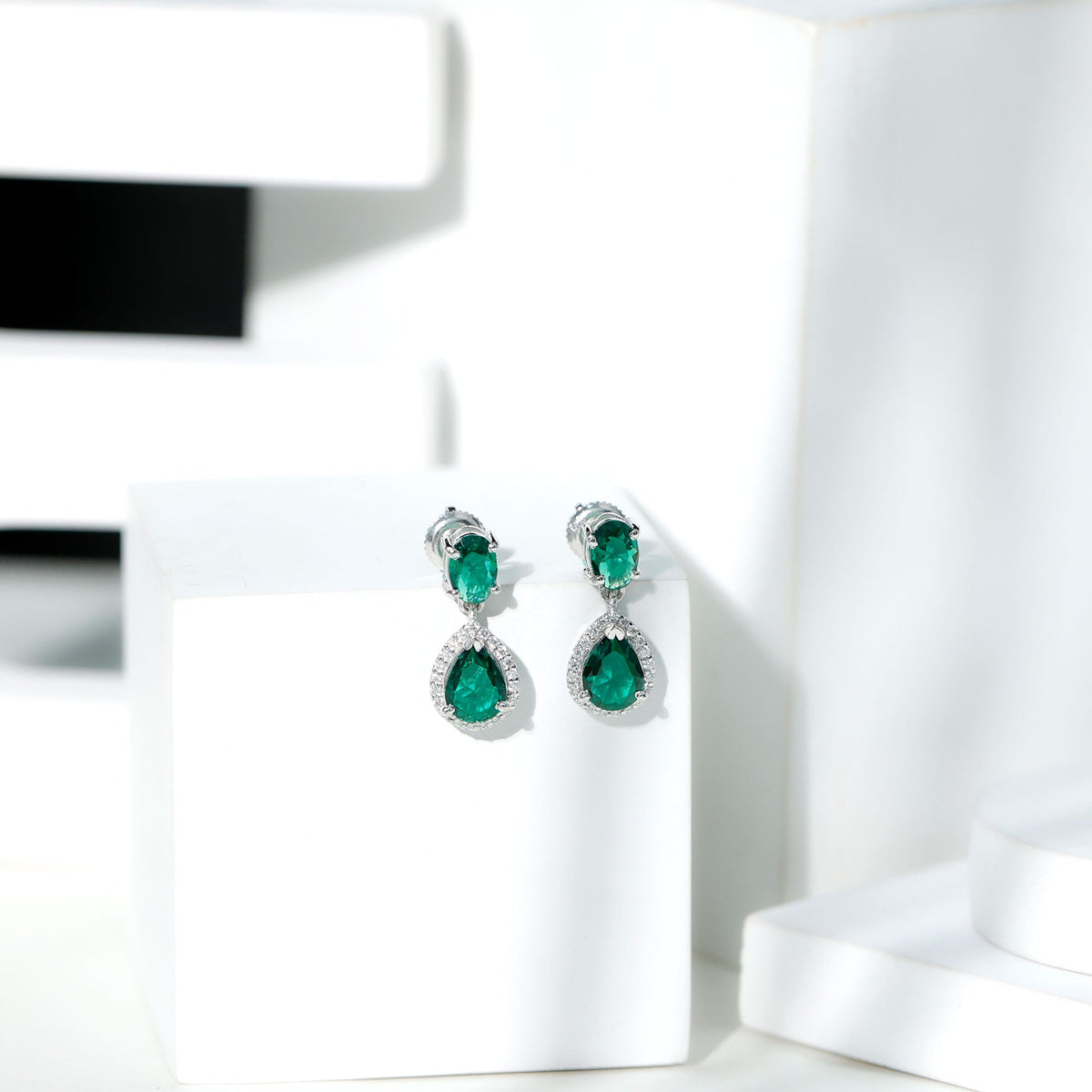 Lab Created Emerald Classic Dangle Earrings with Moissanite