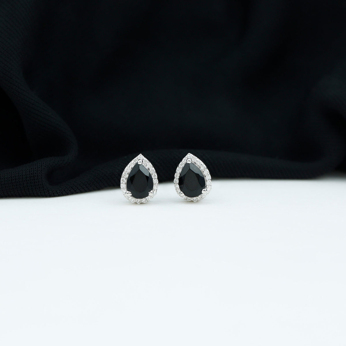 2 Carat Pear Cut Black Onyx and Diamond Halo Stud Earrings
