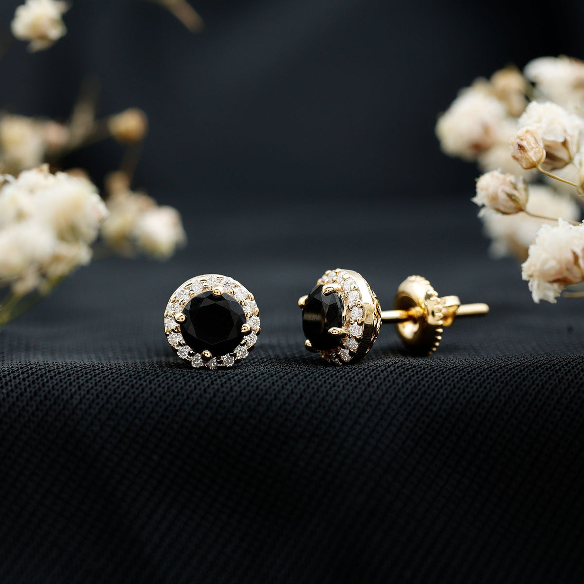 1.6 Carat Round Lab Created Black and White Diamond Halo Stud Earrings