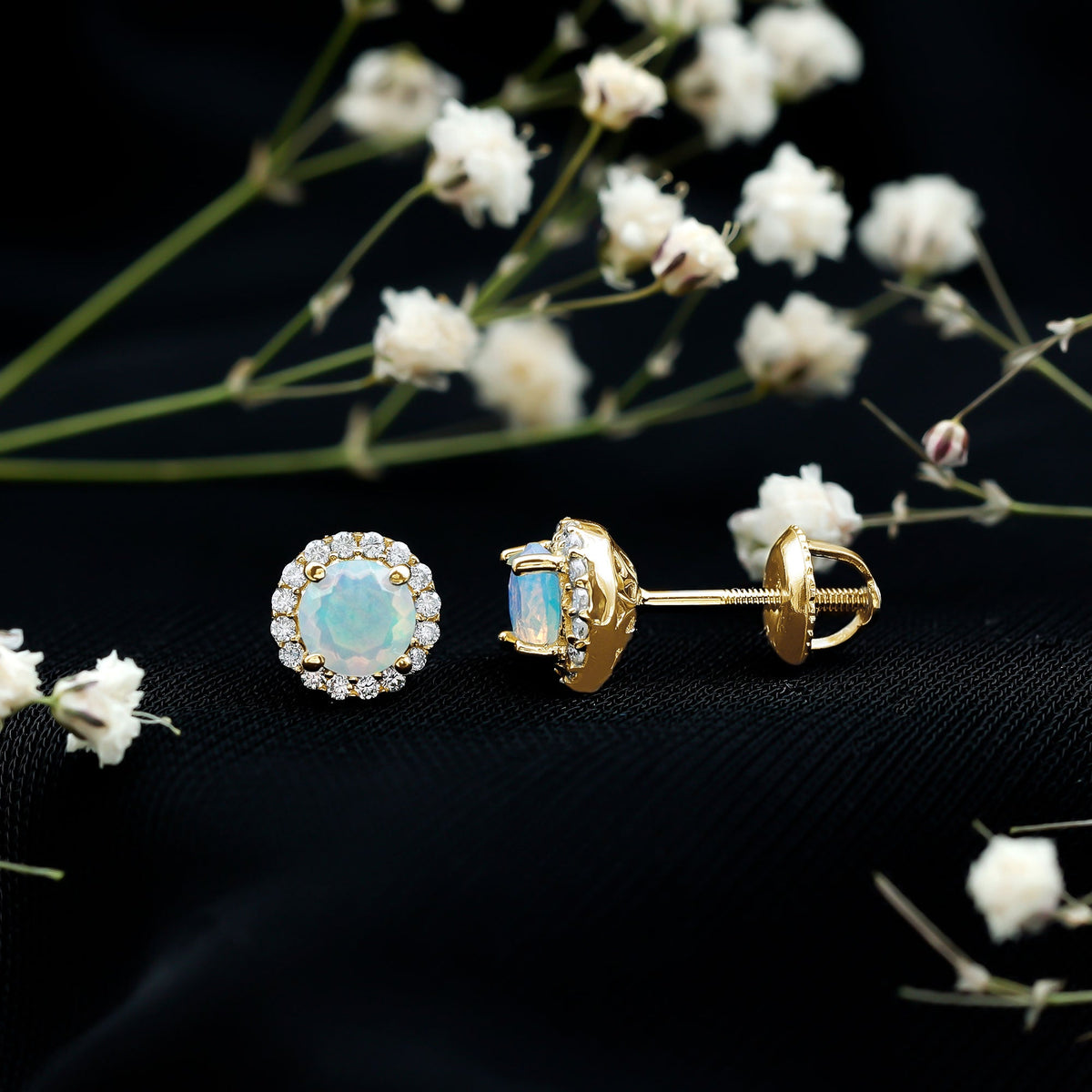 Natural Ethiopian Opal and Moissanite Halo Stud Earrings