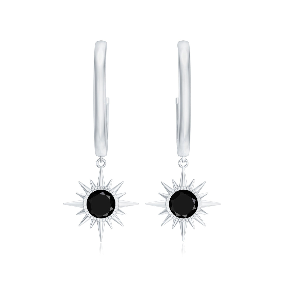 Natural Black Onyx Sunburst Drop Hoop Earrings for Women