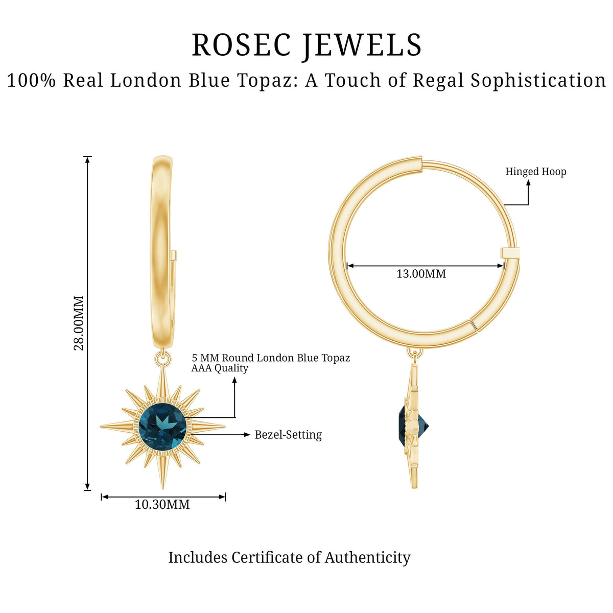 Real London Blue Topaz Sunburst Hoop Drop Earrings for Women