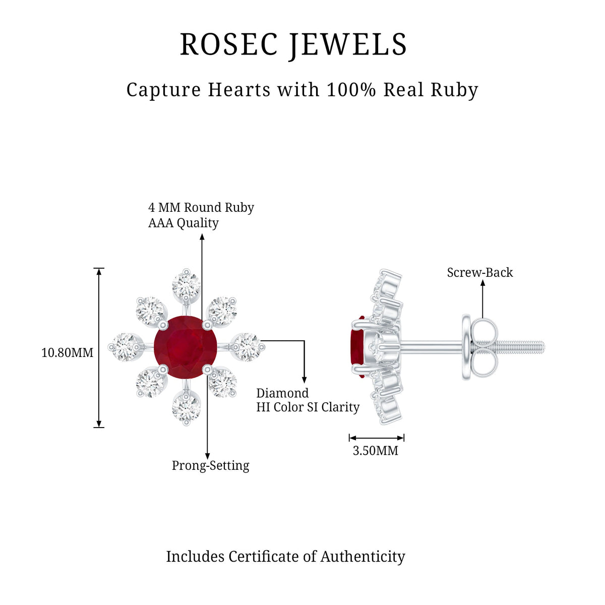Natural Ruby Flower Stud Earrings with Diamond for Women