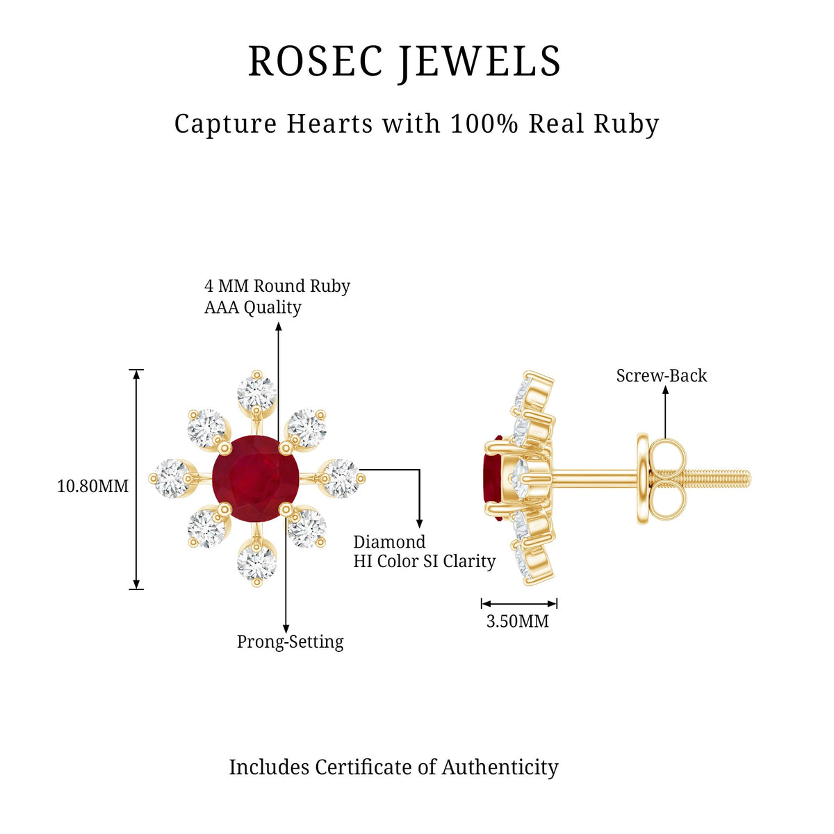 Natural Ruby Flower Stud Earrings with Diamond for Women