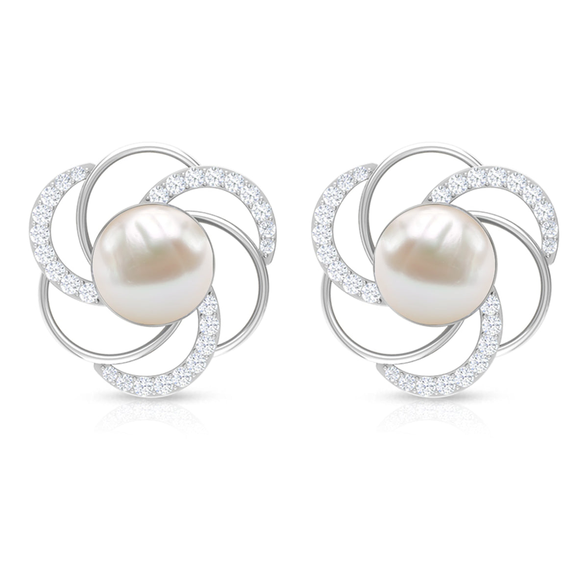 Round Freshwater Pearl Big Stud Earrings with Diamonds