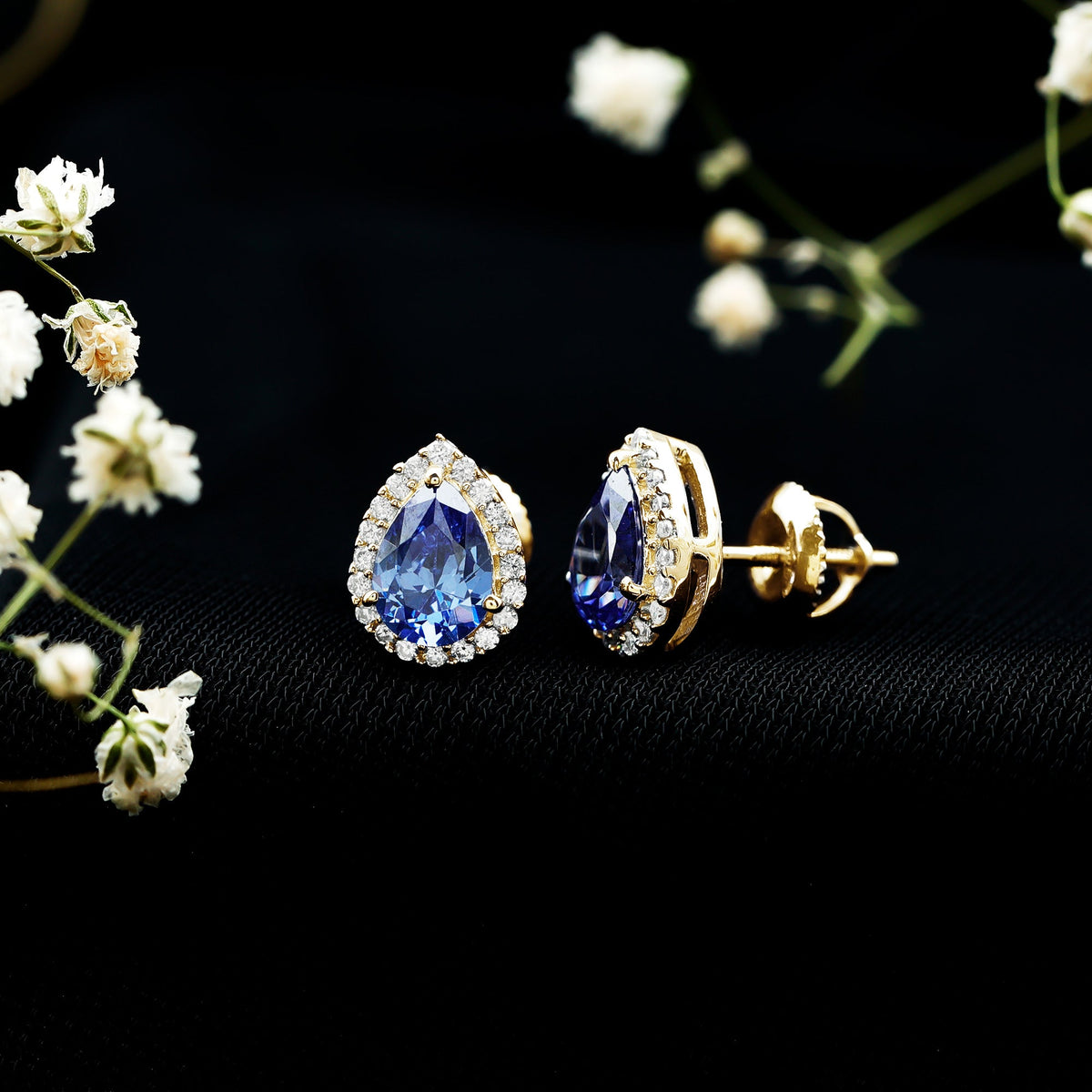 Lab Grown Blue Sapphire Teardrop Stud Earrings With Diamond Halo