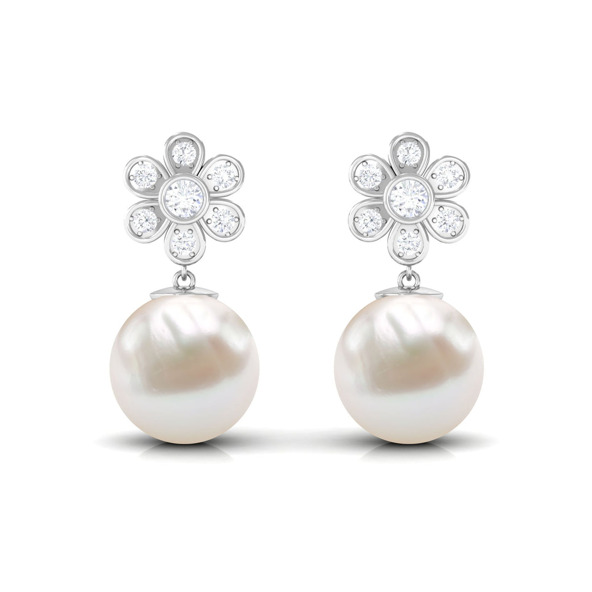 Cultured Freshwater Pearl Drop Earrings with Diamond Flower