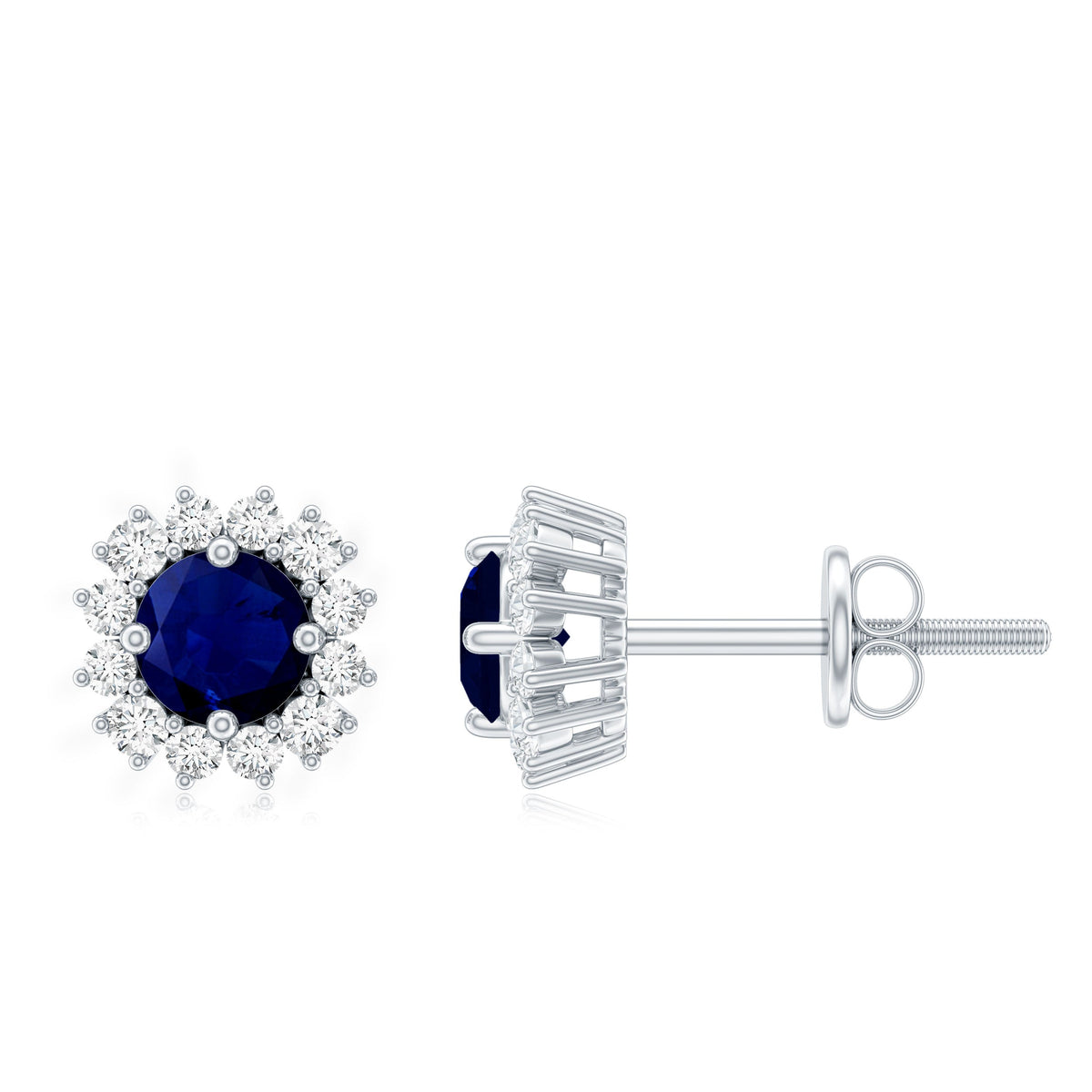 0.8 Carat Natural Blue Sapphire and Diamond Halo Stud Earrings