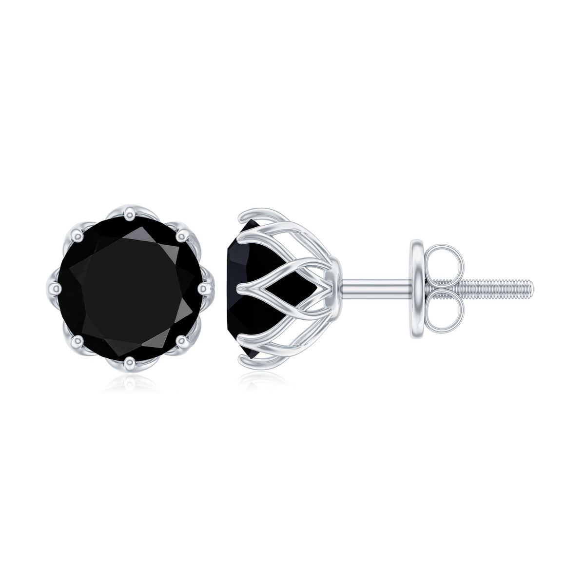 Genuine 3 Carat Black Spinel Stud Earrings with Screw Back