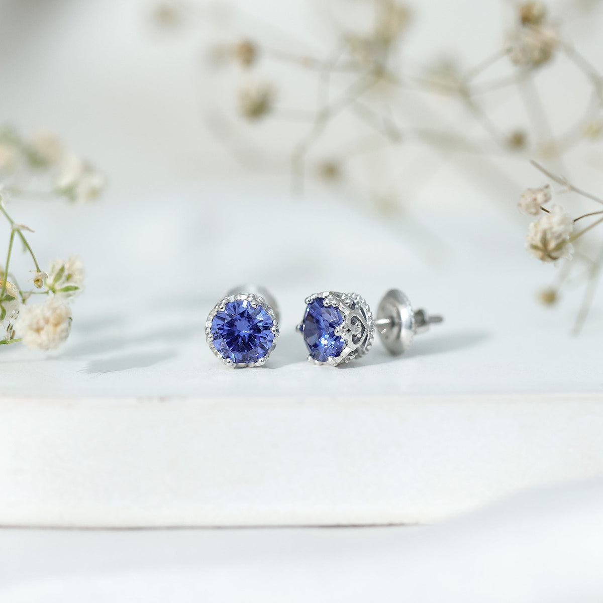 2 Carat Solitaire Lab Created Blue Sapphire Crown Stud Earrings