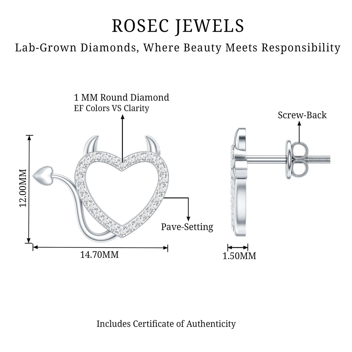 Round Diamond Open Heart Devil stud Earrings
