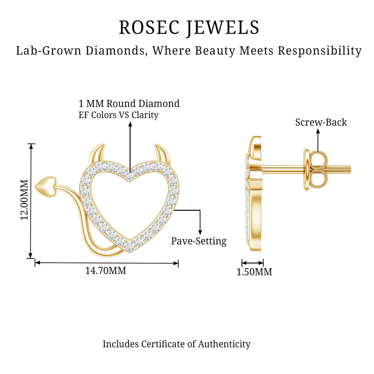 Round Diamond Open Heart Devil stud Earrings