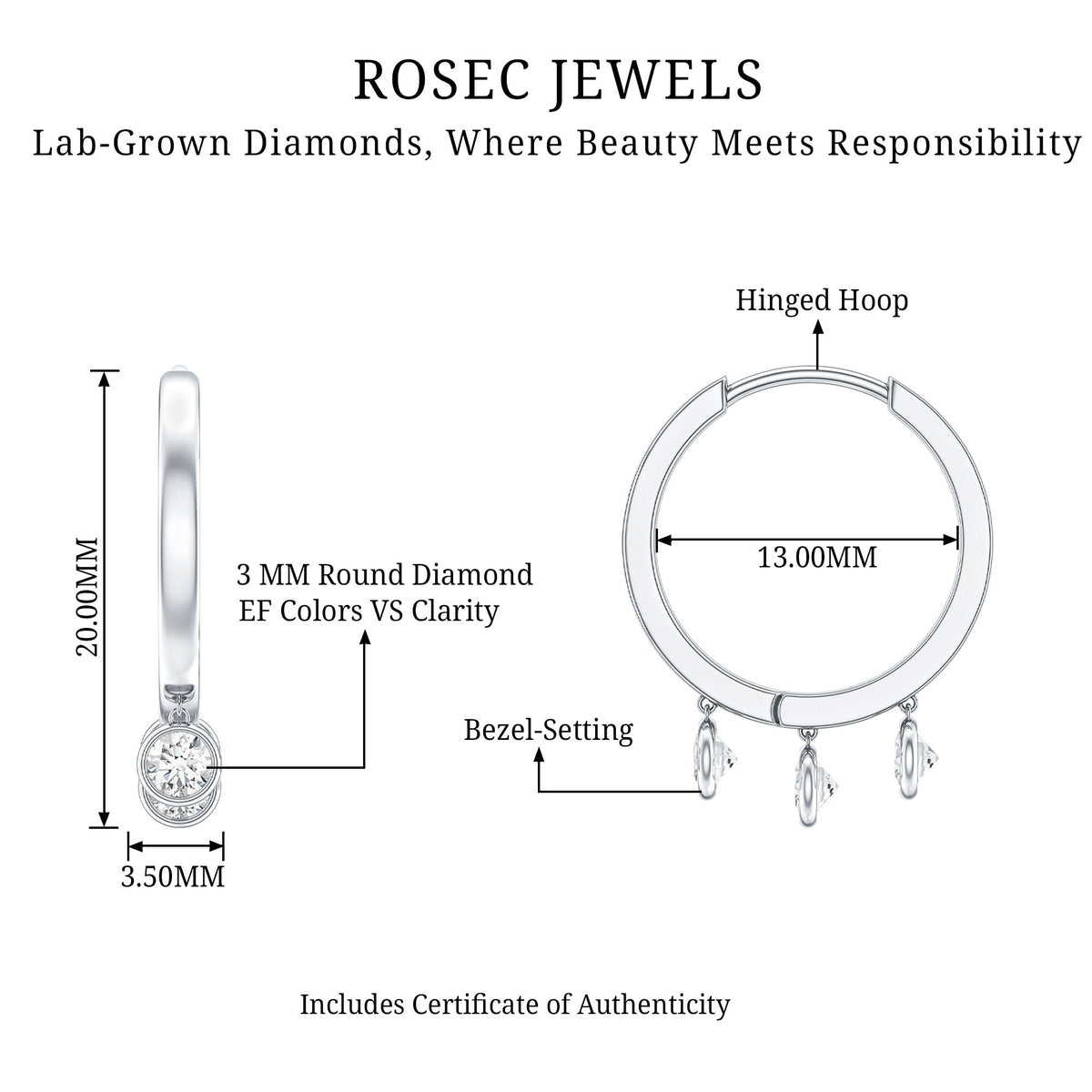 Natural 3 Stone Diamond Drop Hoop Earrings