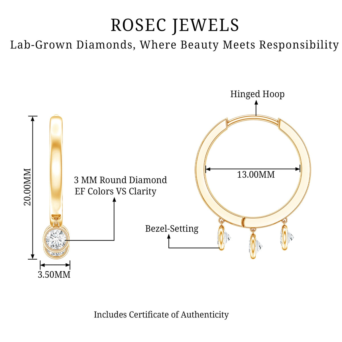 Natural 3 Stone Diamond Drop Hoop Earrings