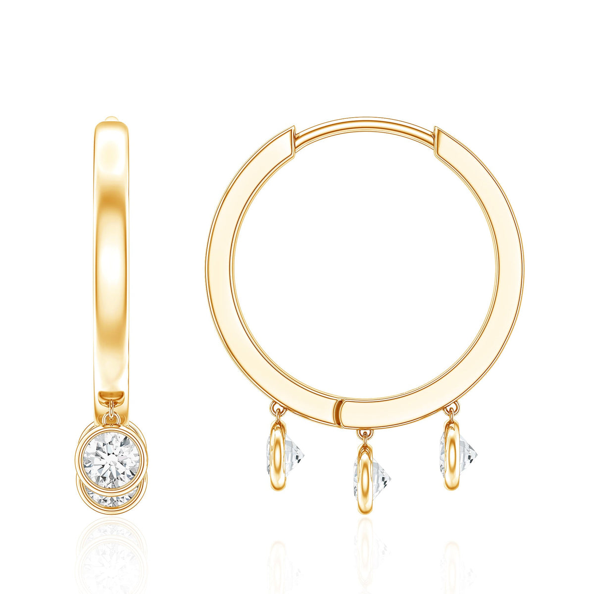 Natural 3 Stone Diamond Drop Hoop Earrings